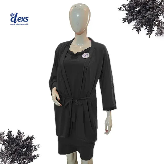 Women Silk Nighty 4 pcs set - Black - Ctexs