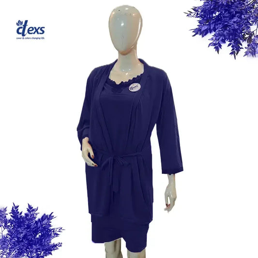 Women Silk Nighty 4 pcs set - Navy Blue - Ctexs