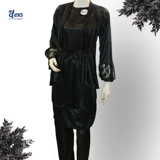 Women Silk Nighty 5 pcs set - Black - Ctexs