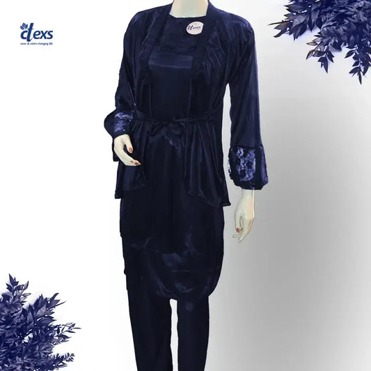 Women Silk Nighty 5 pcs set - Navy Blue - Ctexs