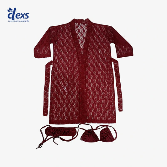 2 Pieces Short Net Nighty - Mehroon