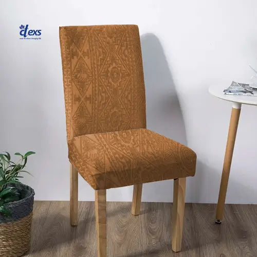 Embossed Geometric Jacquard Dinning Chair Cover - Camel Brown