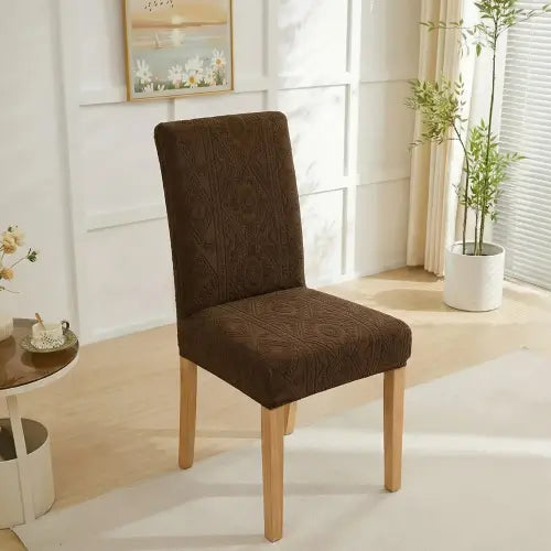 Embossed Geometric Jacquard Dinning Chair Cover - Dark Brown