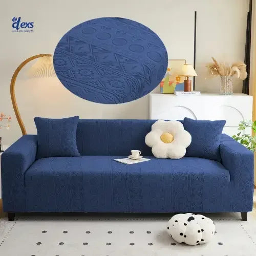 Embossed Geometric Jacquard Sofa Cover - Navy Blue