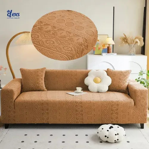 Embossed Geometric Jacquard Sofa Cover - Camel Brown