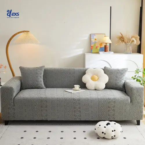 Embossed Geometric Jacquard Sofa Cover - Grey