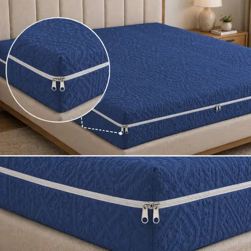 Embossed Geometric Jacquard Zipper Mattress Cover - Navy Blue