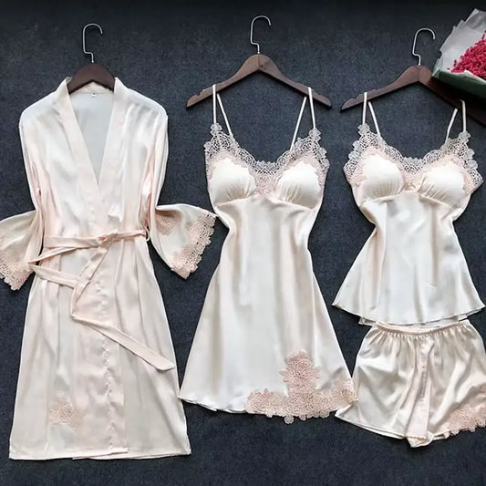 Women Silk Nighty 4 pcs set - Baby Pink