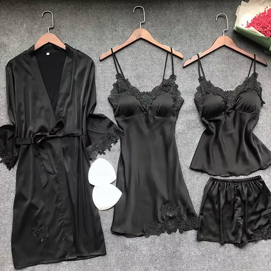 Women Silk Nighty 4 pcs set - Black