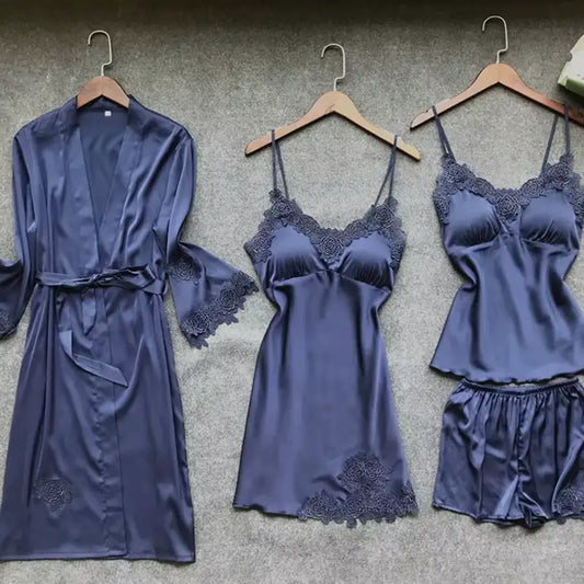 Women Silk Nighty 4 pcs set - Navy Blue