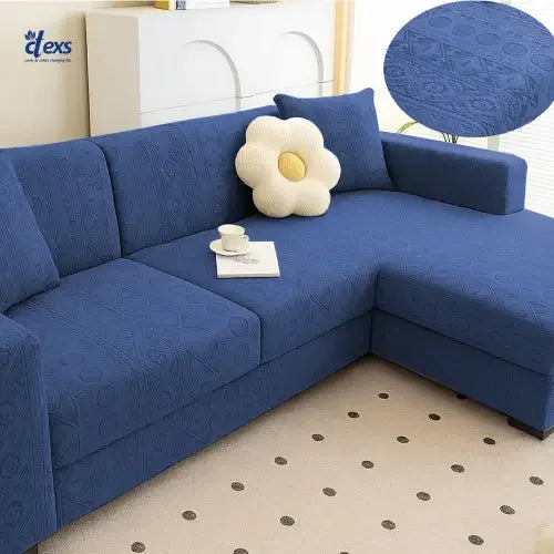 L-Shape Embossed Geometric Jacquard Sofa Cover - Navy Blue - Ctexs