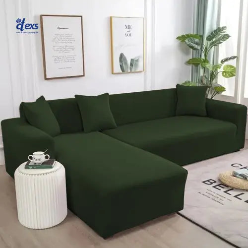Lycra Jersey Fabric L-Shape Sofa Cover - Bottle Green