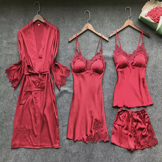 Women Silk Nighty 4 pcs set - Mehroon