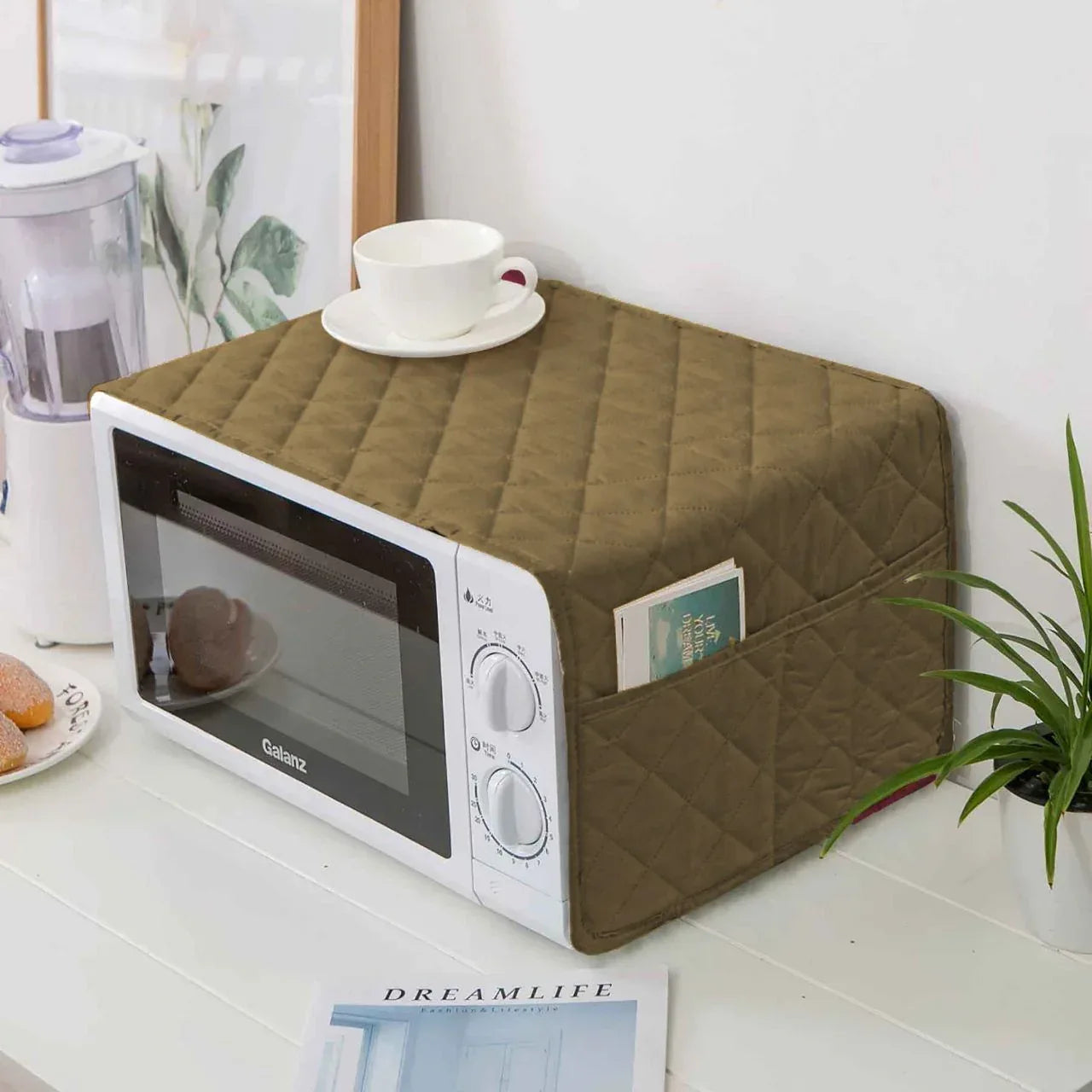 Quilted Microwave Oven Cover With Pocket | Camel Brown - Ctexs