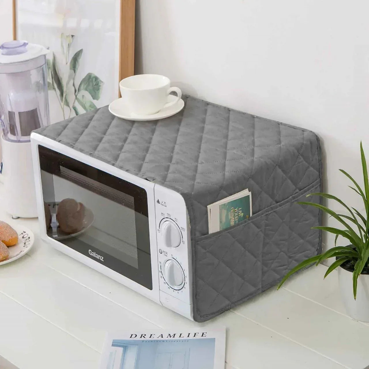 Quilted Microwave Oven Cover With Pocket | Grey - Ctexs