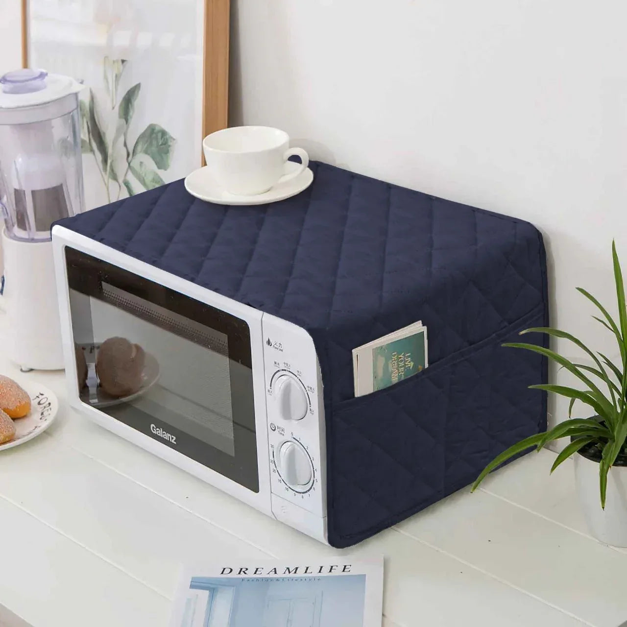 Quilted Microwave Oven Cover With Pocket | Navy Blue - Ctexs
