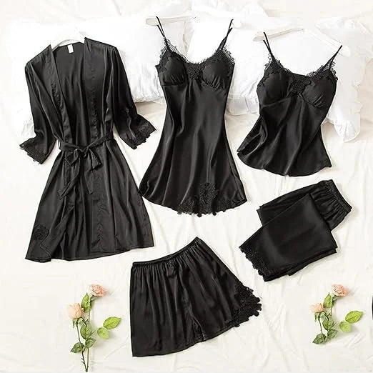 Women Silk Nighty 5 pcs set - Black