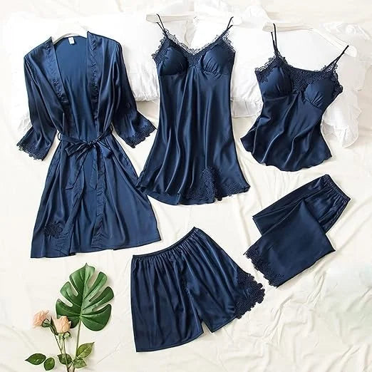 Women Silk Nighty 5 pcs set - Navy Blue
