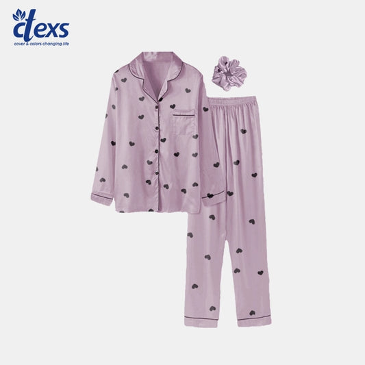 Heart Print Silk Night Suit With Scrunchise - Light Purple