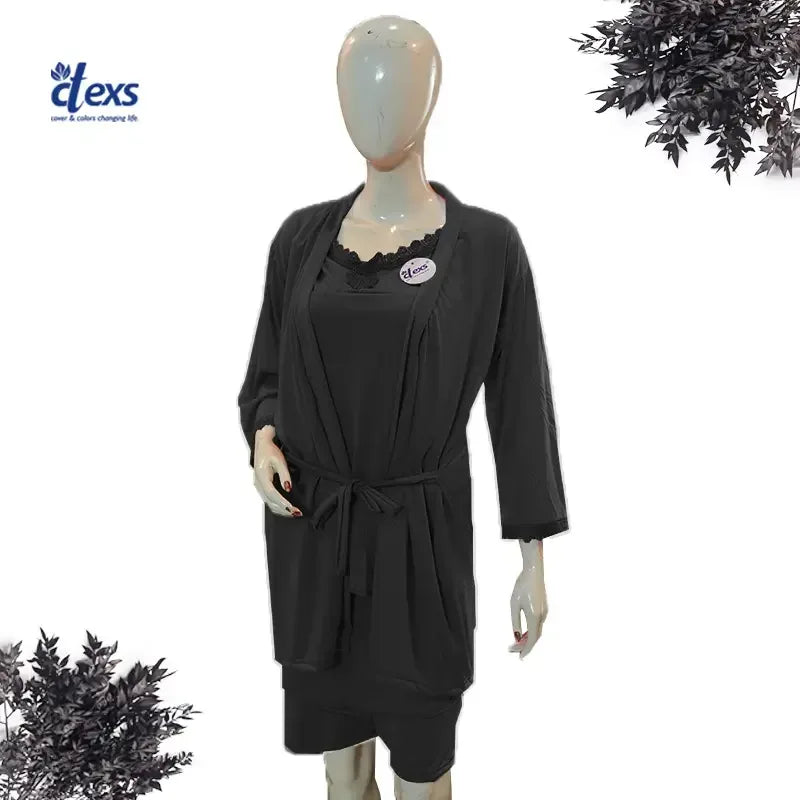 Women Silk Nighty 4 pcs set - Black - Ctexs
