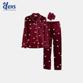 Heart Print Silk Night Suit With Scrunchise - Maroon