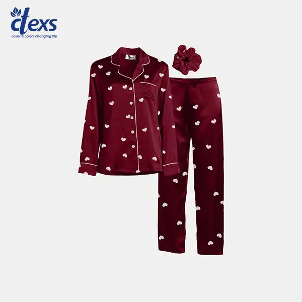 Heart Print Silk Night Suit With Scrunchise - Maroon