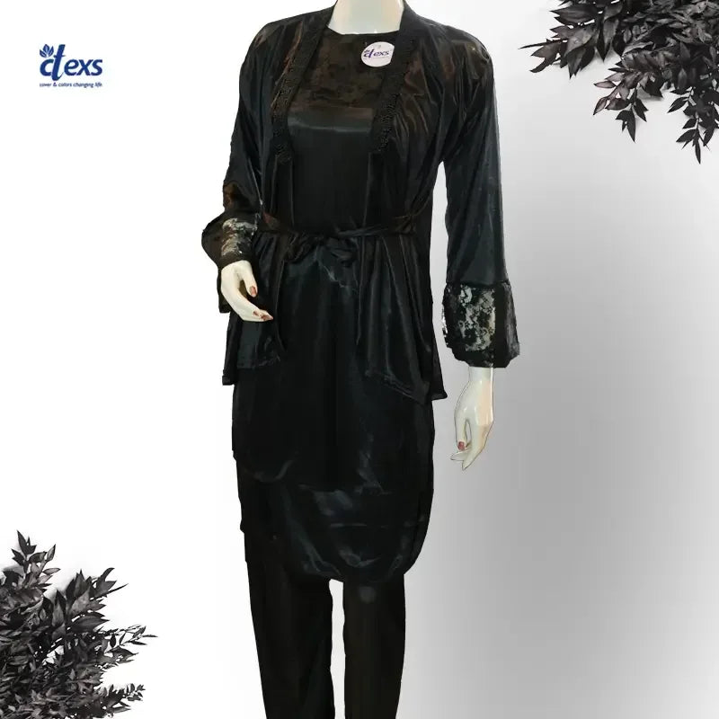 Women Silk Nighty 5 pcs set - Black - Ctexs