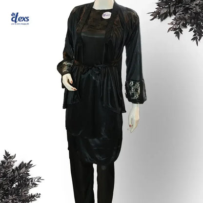 Women Silk Nighty 5 pcs set - Black - Ctexs