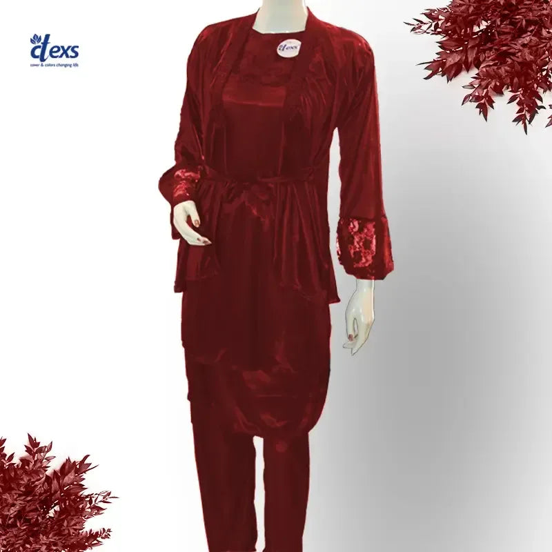 Women Silk Nighty 5 pcs set - Maroon - Ctexs