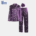 Heart Print Silk Night Suit With Scrunchise - Purple