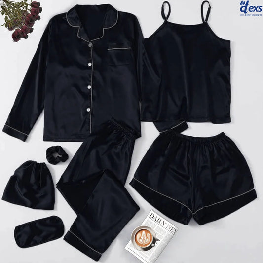 7 Piece Silk Pajama Set - Black