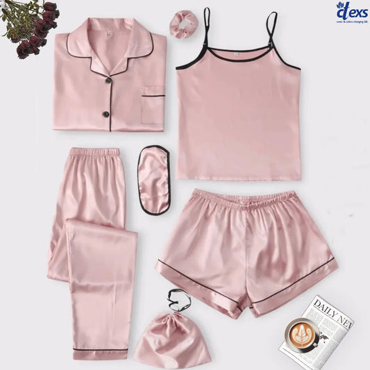 7 Piece Silk Pajama Set - Baby Pink