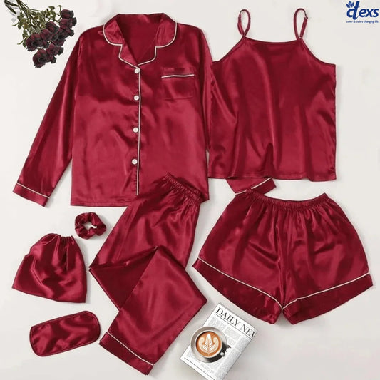 7 Piece Silk Pajama Set - Mehroon