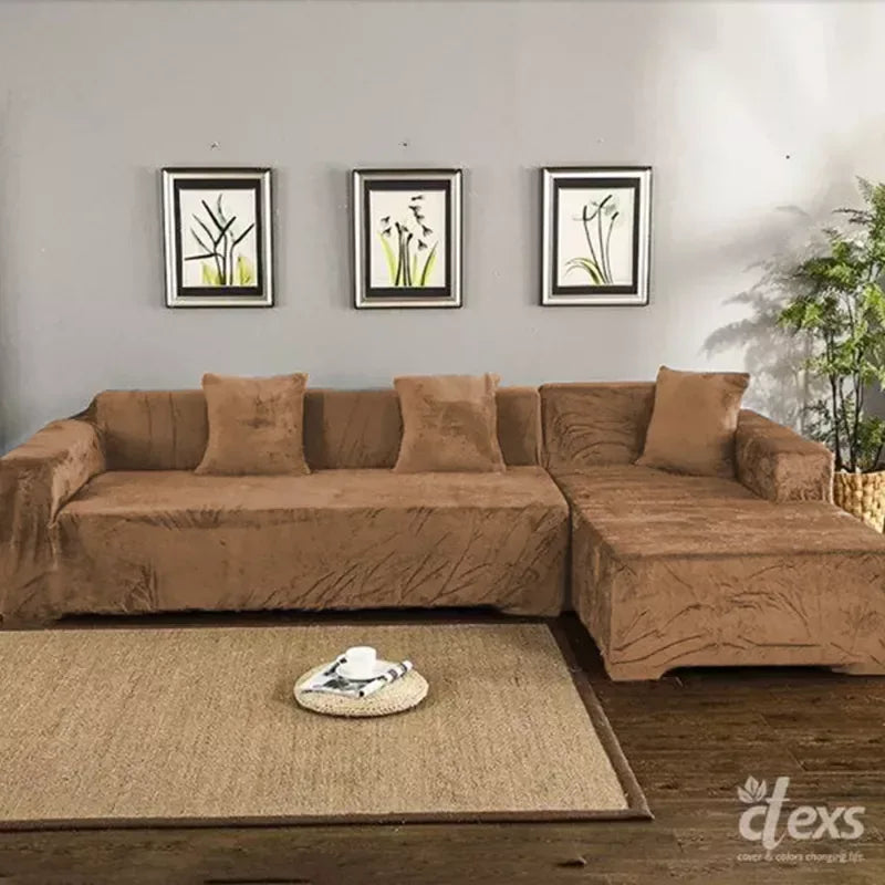 L-Shape Terry Stretchable Sofa Covers | Camel Brown - Ctexs