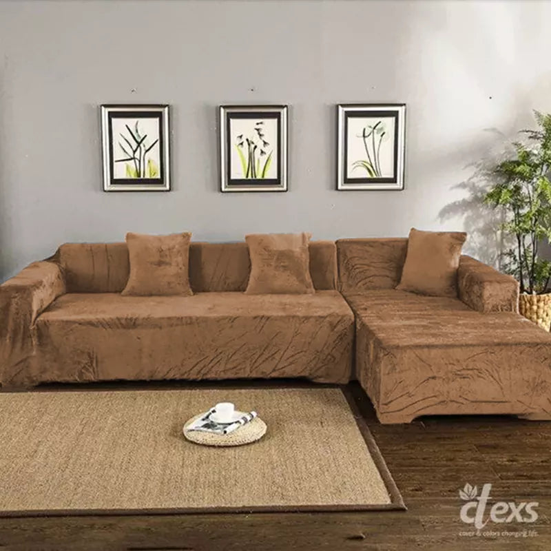 L-Shape Terry Stretchable Velvet Sofa Covers | Camel Brown