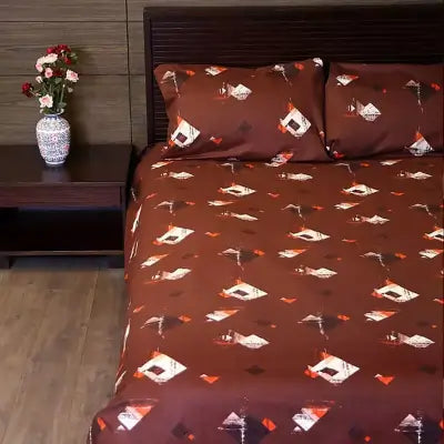 Chocolate Brown Cotton Printed Bedsheet