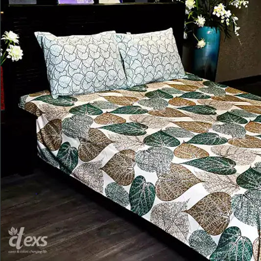 Green & Brown Leave Print Bed Sheet Set - Double Bed King Size