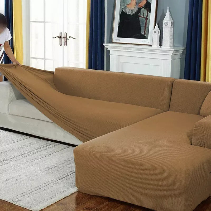 L Shape Jersey Sofa Cover - Camel Brown