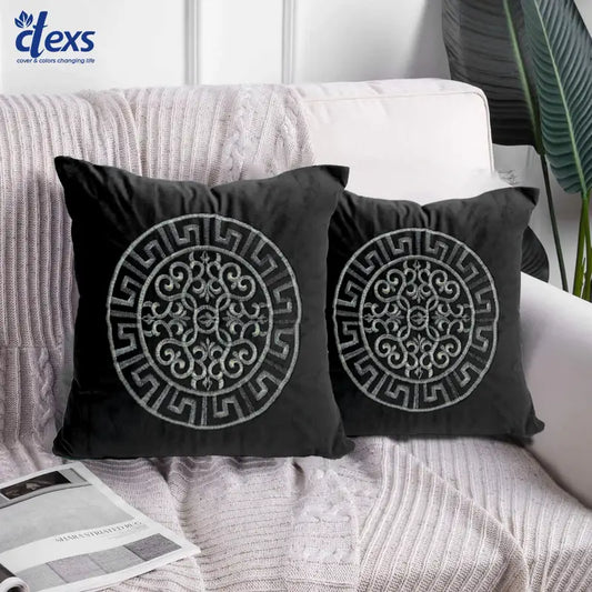 Velvet Embroidered Cushion Cover - Round Embroidery Black colour