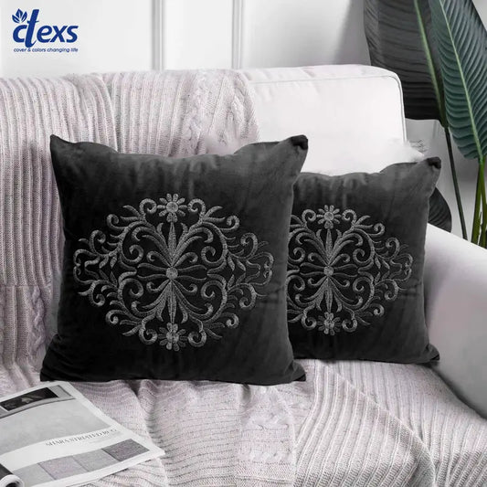 Velvet Embroidered Cushion Cover - Flower Embroidery Black Colour