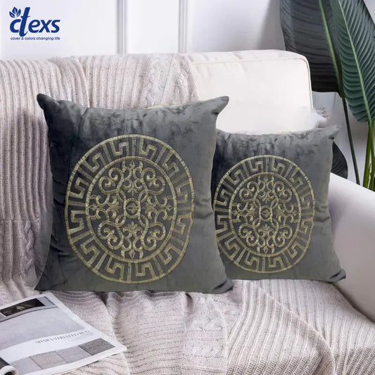 Velvet Embroidered Cushion Cover - Round Embroidery Grey Colour