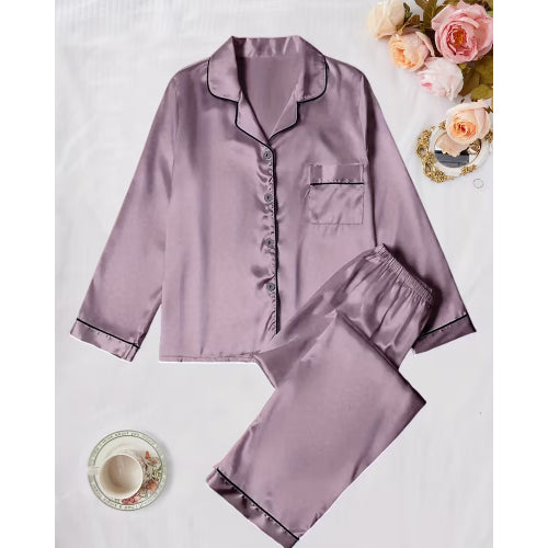 Women Silk Night Suit - Lilac