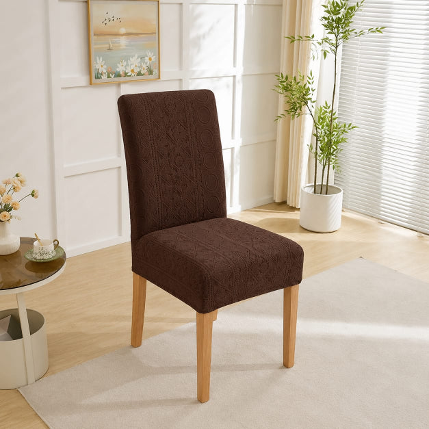 Embossed Geometric Jacquard Dinning Chair Cover - Dark Brown