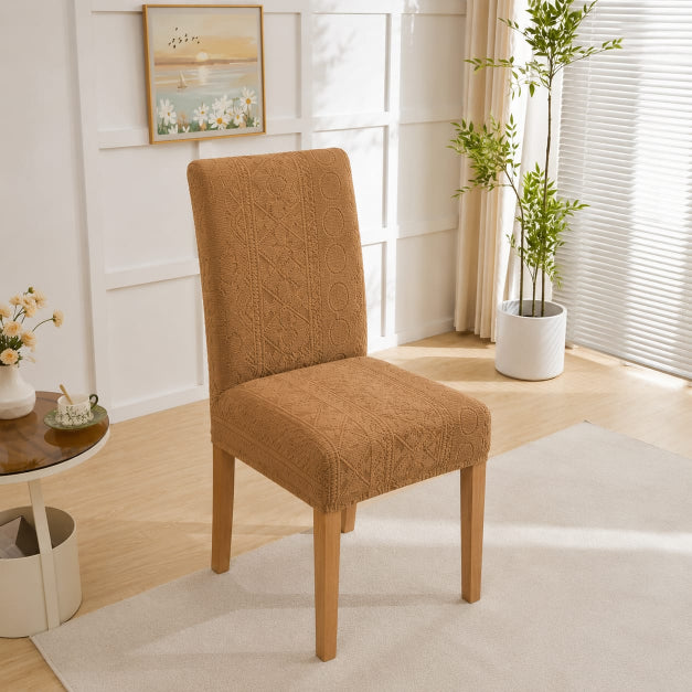 Embossed Geometric Jacquard Dinning Chair Cover - Camel Brown