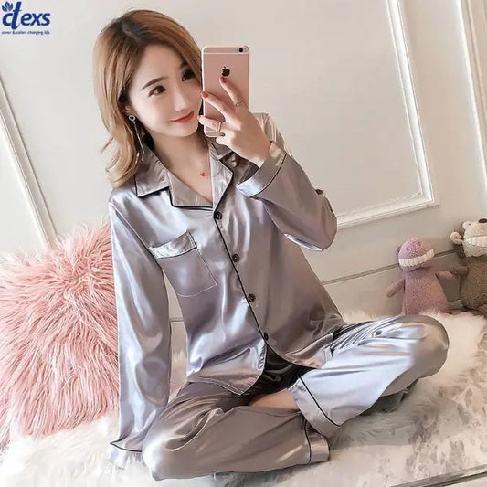 Women Silk Night Suit - Silver