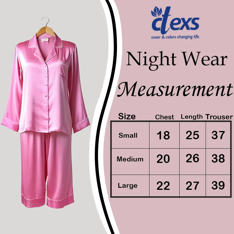 Heart Print Silk Night Suit With Scrunchise - Pink