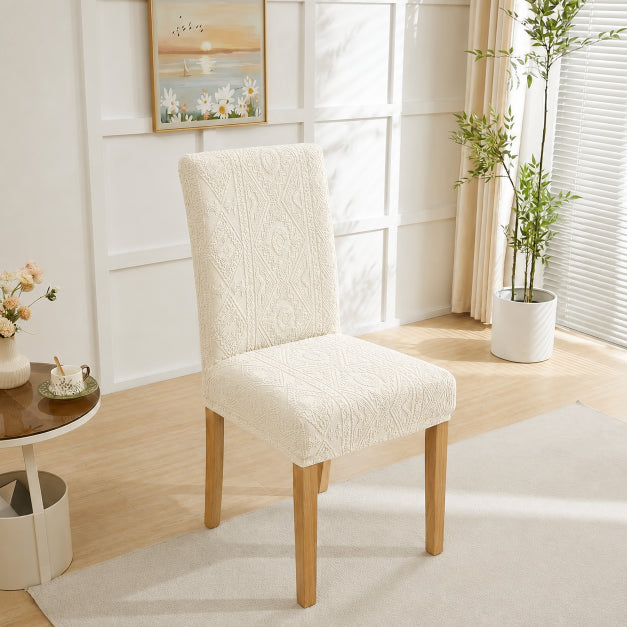 Embossed Geometric Jacquard Dinning Chair Cover - Off White