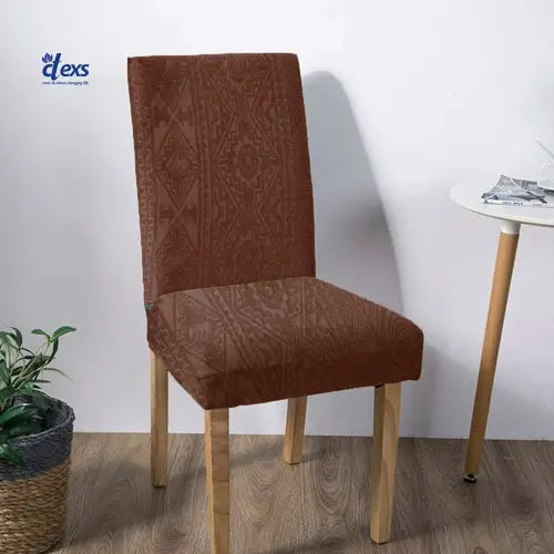 Embossed Geometric Jacquard Dinning Chair Cover - Dark Brown