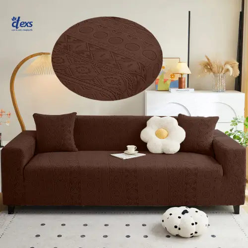 Embossed Geometric Jacquard Sofa Cover - Dark Brown