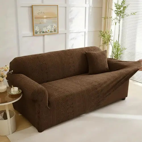 Embossed Geometric Jacquard Sofa Cover - Dark Brown